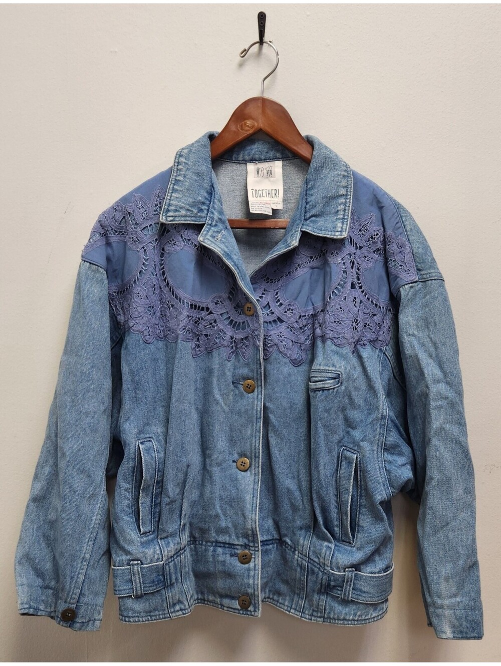 Vintage Together Denim Jacket Crochet Lace Yoke Missy L 90's Boho Blue Purple